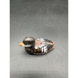 Hand Painted Clay Duck Figurine with Glass Eyes Folk Art Pottery Detailled Bird‎